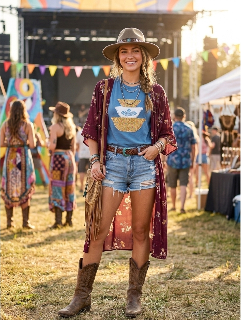 Blue Patchwork Bowl Graphic T-Shirt with Burgundy Floral Kimono